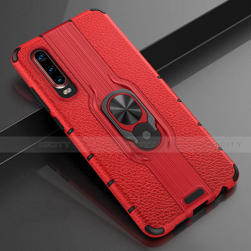 Custodia Silicone Morbida In Pelle Cover con Magnetico Anello Supporto T04 per Huawei P30 Rosso