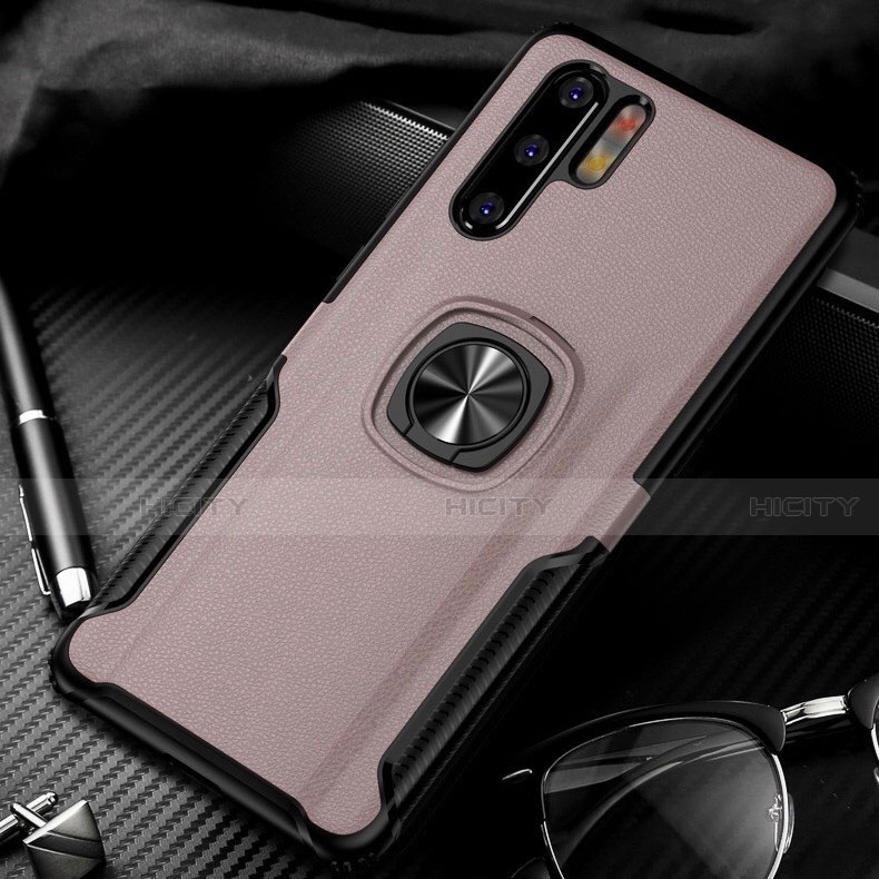 Custodia Silicone Morbida In Pelle Cover con Magnetico Anello Supporto T05 per Huawei P30 Pro New Edition Oro Rosa