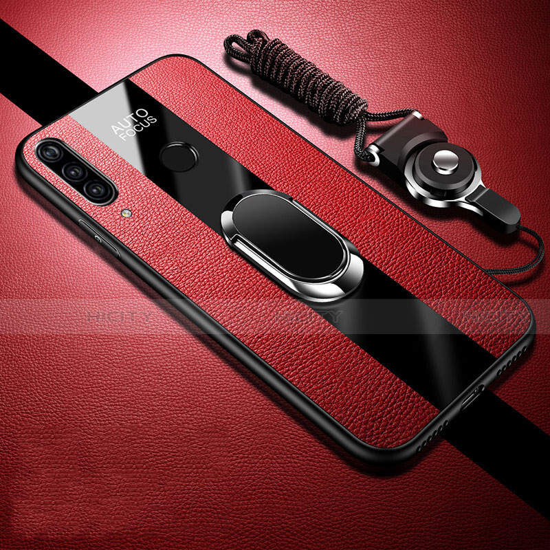 Custodia Silicone Morbida In Pelle Cover con Magnetico Anello Supporto Z02 per Huawei P30 Lite XL Rosso