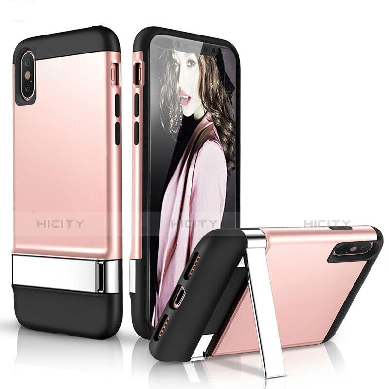 Custodia Silicone Morbida Lucido con Supporto per Apple iPhone X Oro Rosa