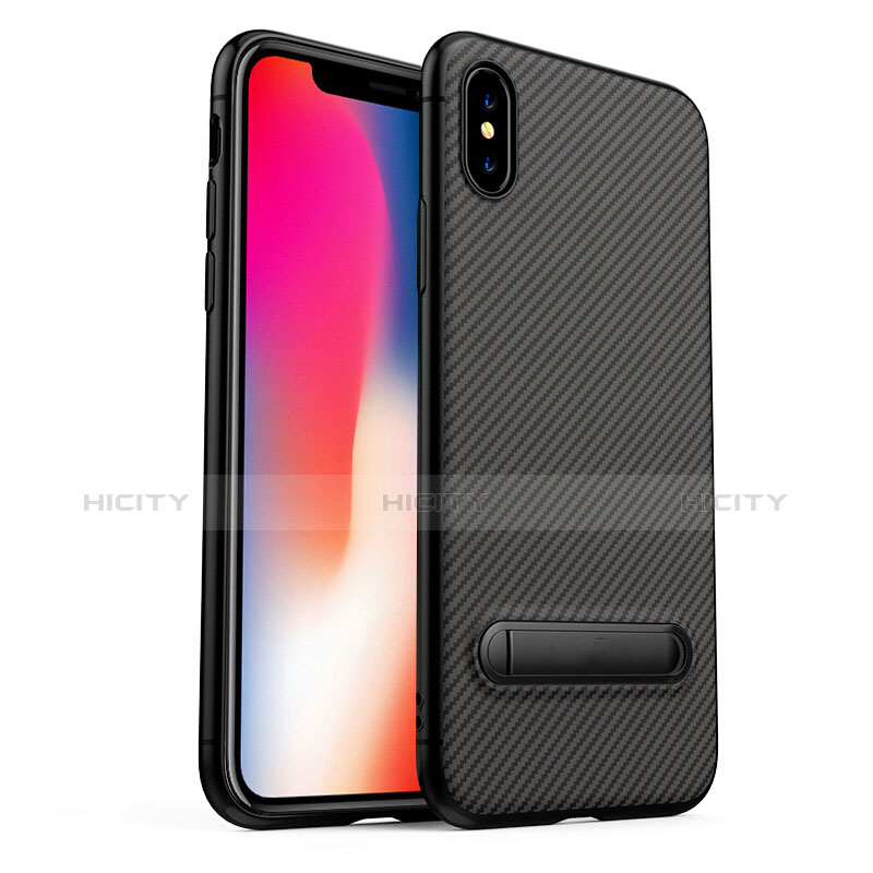 Custodia Silicone Morbida Spigato con Supporto per Apple iPhone X Nero