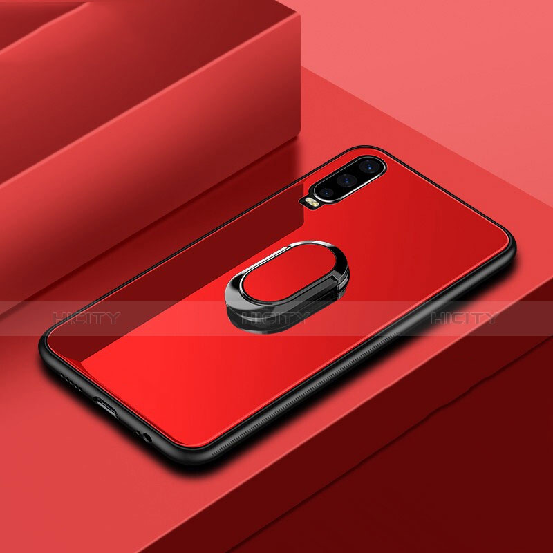 Custodia Silicone Specchio Laterale Cover con Anello Supporto per Huawei P30 Rosso