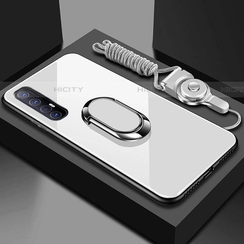 Custodia Silicone Specchio Laterale Cover con Magnetico Anello Supporto A02 per Oppo Reno3 Pro Bianco