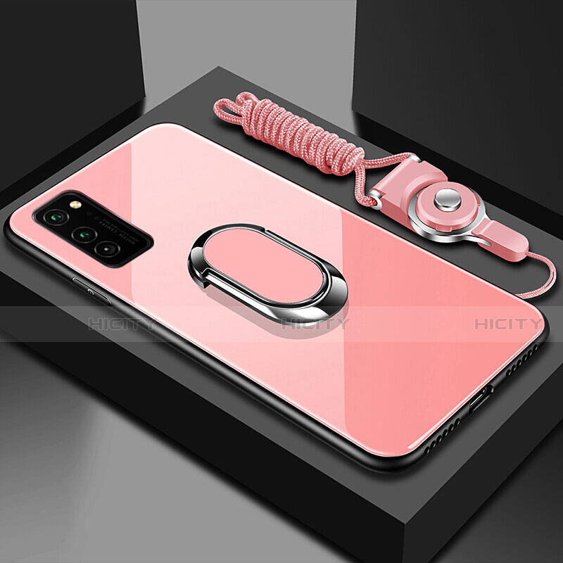 Custodia Silicone Specchio Laterale Cover con Magnetico Anello Supporto per Huawei Honor V30 5G Oro Rosa