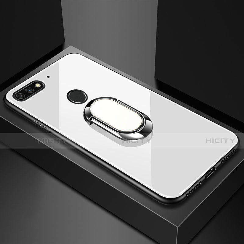 Custodia Silicone Specchio Laterale Cover con Magnetico Anello Supporto per Huawei Y6 (2018) Bianco