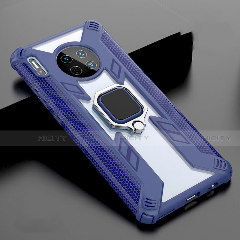 Custodia Silicone Specchio Laterale Cover con Magnetico Anello Supporto T02 per Huawei Mate 30 Blu