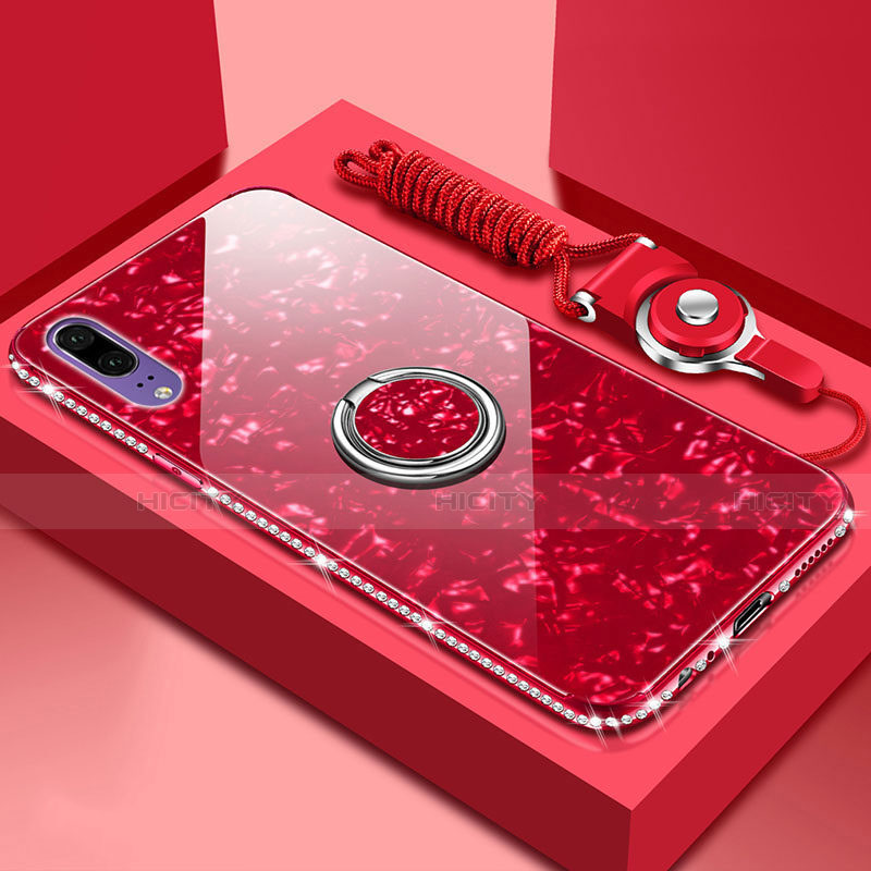 Custodia Silicone Specchio Laterale Cover con Magnetico Anello Supporto T03 per Huawei P20 Rosso