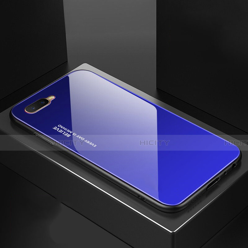 Custodia Silicone Specchio Laterale Sfumato Arcobaleno Cover H01 per Oppo R17 Neo Blu