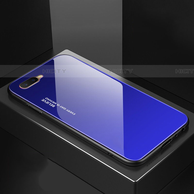 Custodia Silicone Specchio Laterale Sfumato Arcobaleno Cover H01 per Oppo RX17 Neo Blu