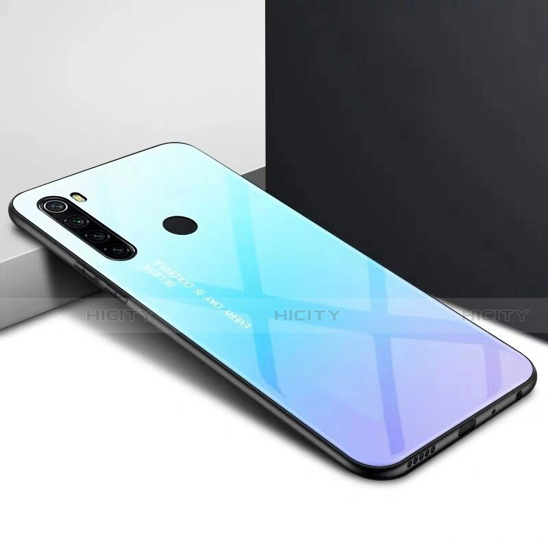 Custodia Silicone Specchio Laterale Sfumato Arcobaleno Cover H01 per Xiaomi Redmi Note 8 Ciano