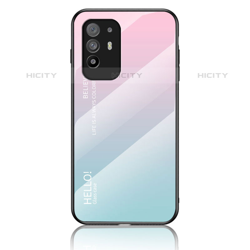 Custodia Silicone Specchio Laterale Sfumato Arcobaleno Cover LS1 per Oppo F19 Pro+ Plus 5G Ciano