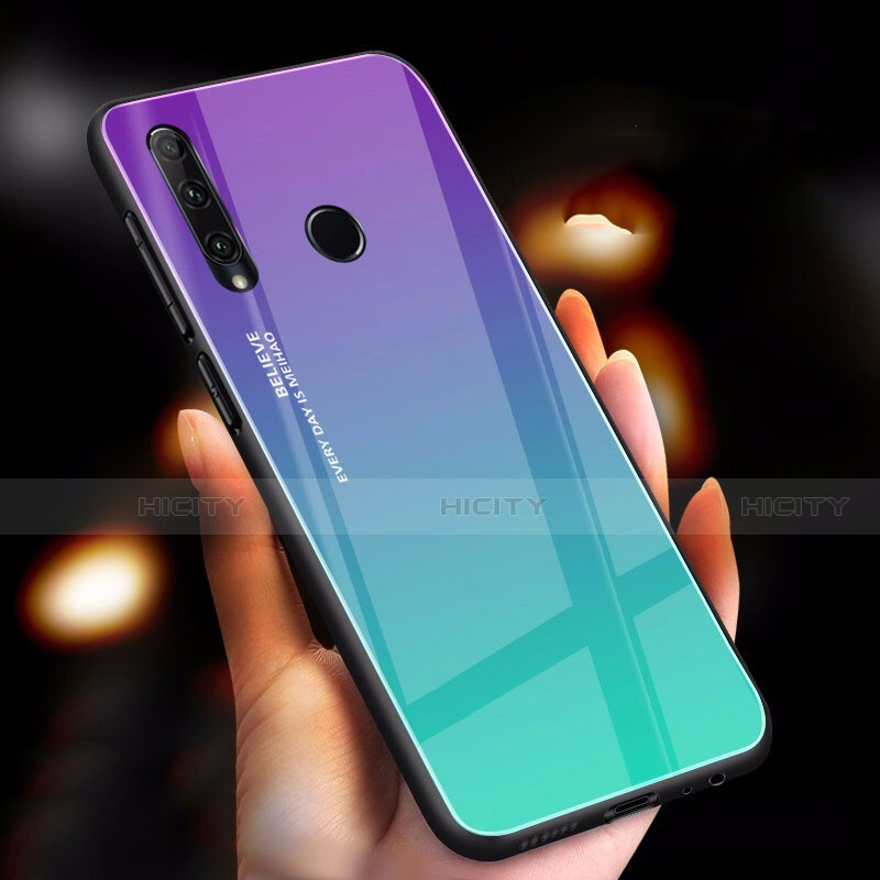 Custodia Silicone Specchio Laterale Sfumato Arcobaleno Cover per Huawei P Smart+ Plus (2019) Ciano