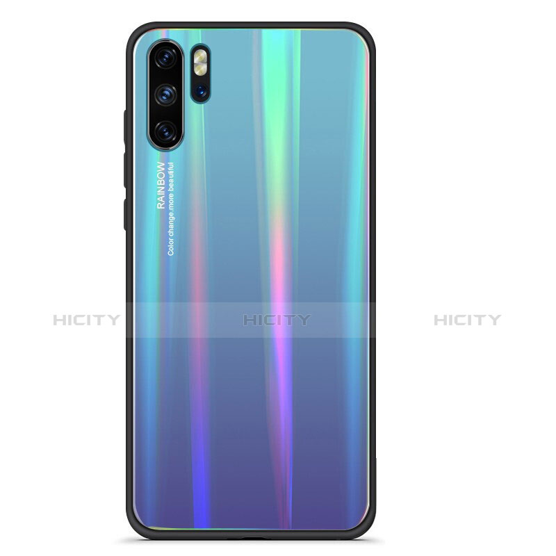 Custodia Silicone Specchio Laterale Sfumato Arcobaleno Cover per Huawei P30 Pro New Edition Ciano