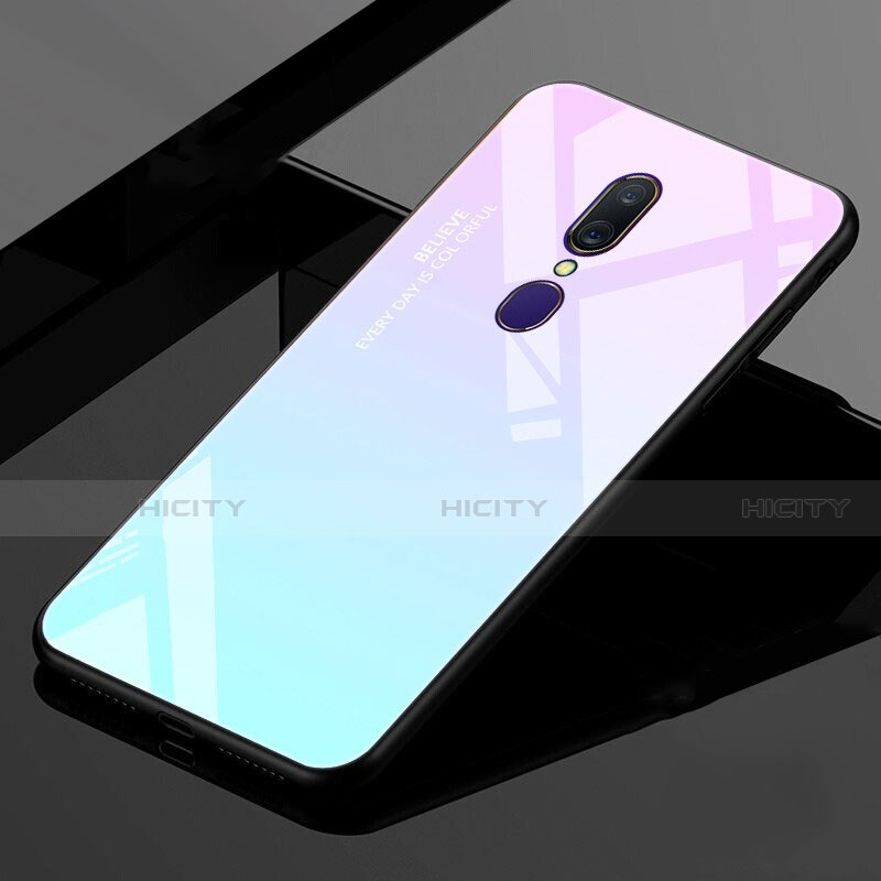 Custodia Silicone Specchio Laterale Sfumato Arcobaleno Cover per Oppo A9X Ciano