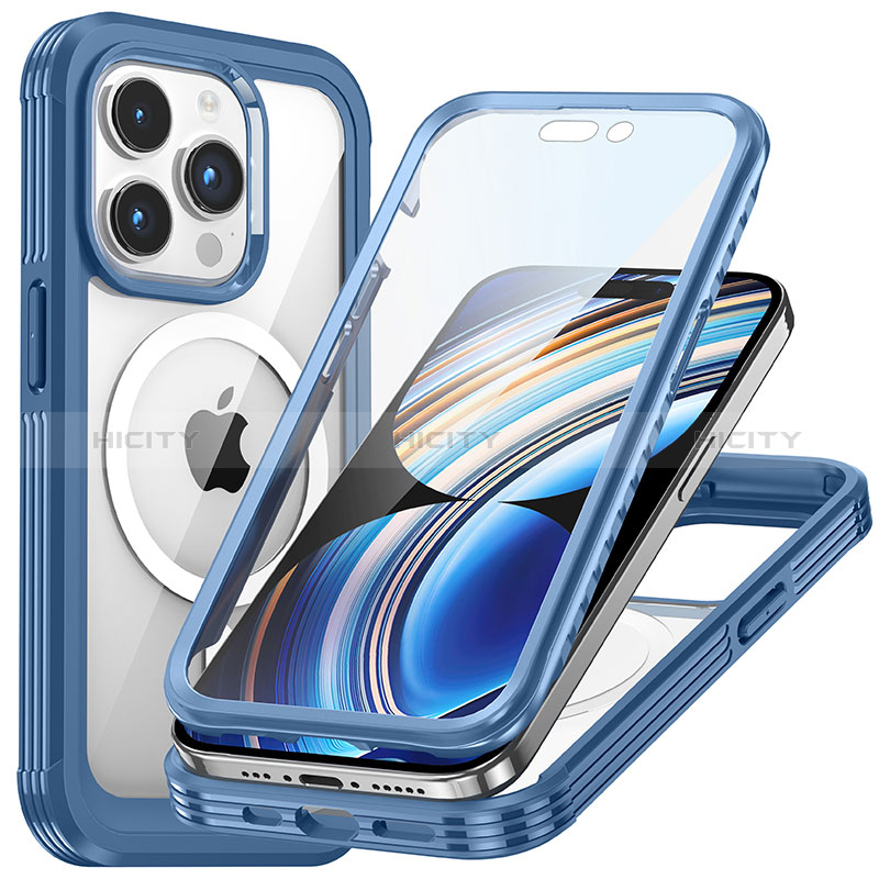 Custodia Silicone Trasparente Laterale 360 Gradi Cover con Mag-Safe Magnetic T01 per Apple iPhone 14 Pro Blu