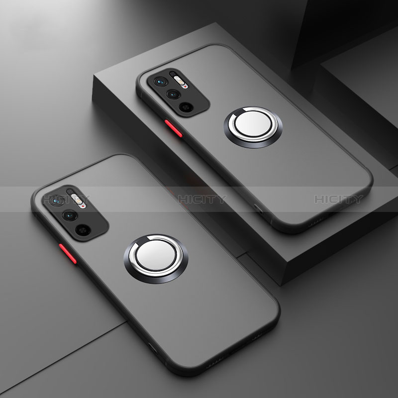 Custodia Silicone Trasparente Laterale con Magnetico Anello Supporto T01 per Xiaomi Redmi Note 10 5G Nero