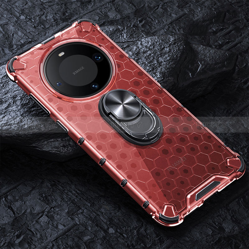 Custodia Silicone Trasparente Specchio Laterale 360 Gradi con Magnetico Anello Supporto AM1 per Huawei Mate 60 Pro+ Plus Rosso