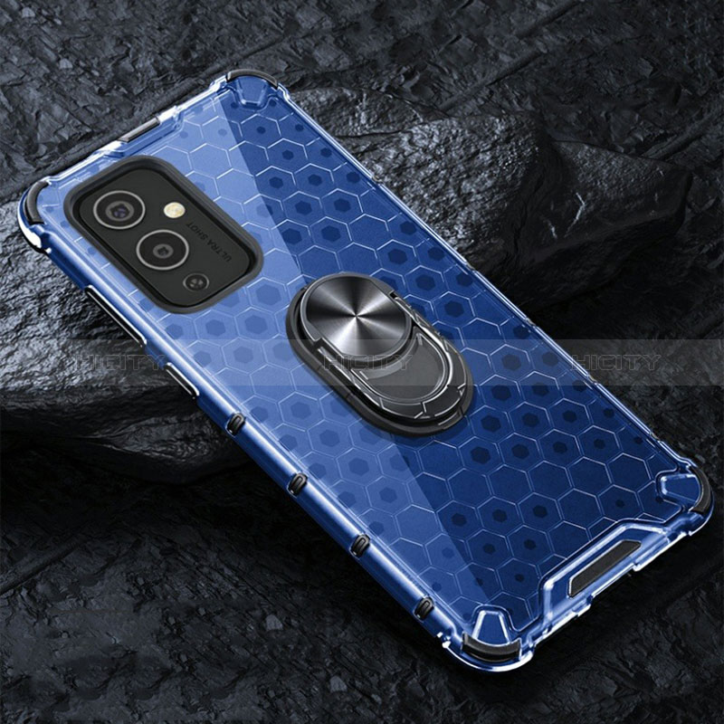 Custodia Silicone Trasparente Specchio Laterale 360 Gradi con Magnetico Anello Supporto AM1 per OnePlus 9 5G Blu