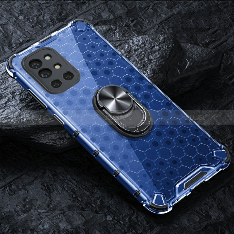 Custodia Silicone Trasparente Specchio Laterale 360 Gradi con Magnetico Anello Supporto AM1 per OnePlus 9R 5G Blu