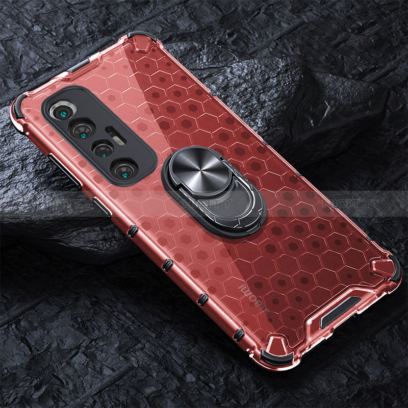 Custodia Silicone Trasparente Specchio Laterale 360 Gradi con Magnetico Anello Supporto AM1 per Xiaomi Mi 10S 5G Rosso