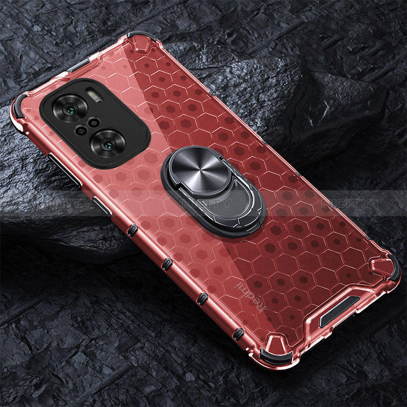 Custodia Silicone Trasparente Specchio Laterale 360 Gradi con Magnetico Anello Supporto AM1 per Xiaomi Mi 11X 5G Rosso