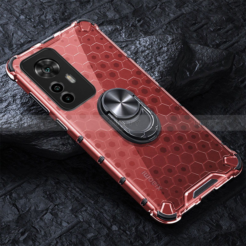 Custodia Silicone Trasparente Specchio Laterale 360 Gradi con Magnetico Anello Supporto AM1 per Xiaomi Mi 12T Pro 5G Rosso