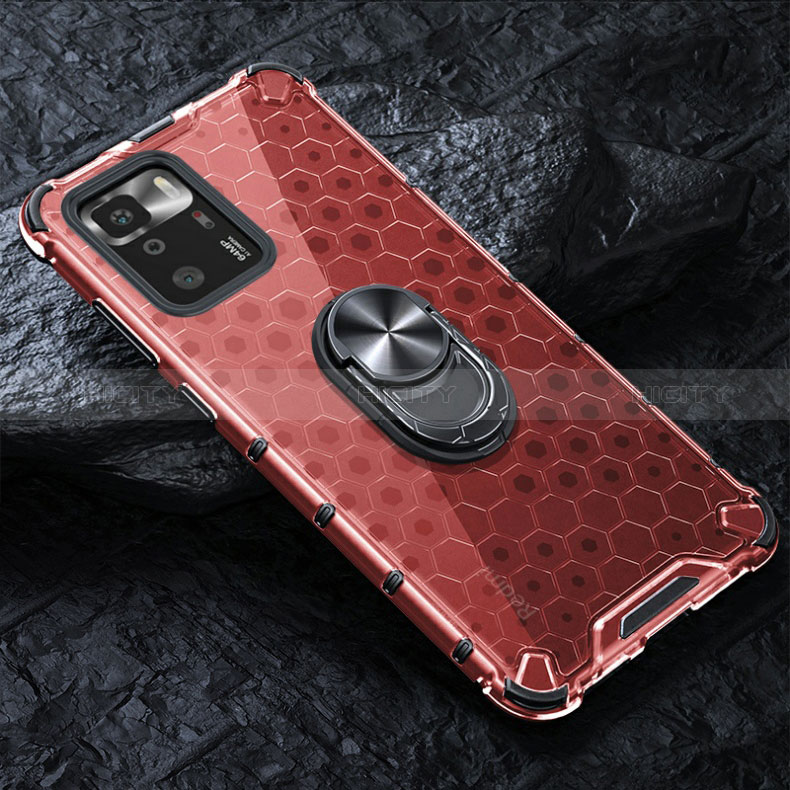 Custodia Silicone Trasparente Specchio Laterale 360 Gradi con Magnetico Anello Supporto AM1 per Xiaomi Redmi Note 10 Pro 5G Rosso