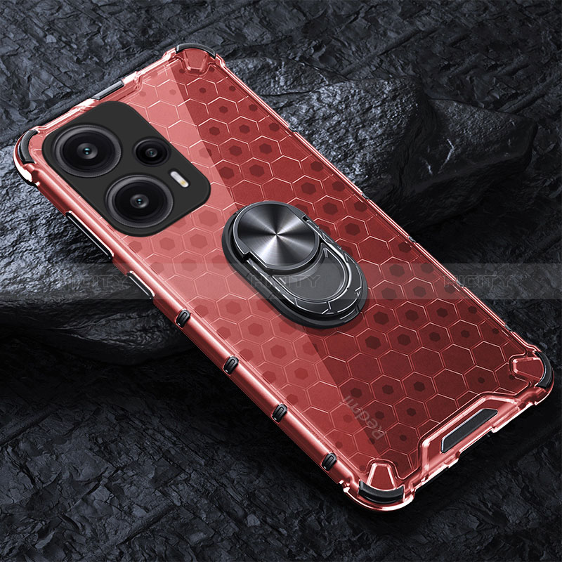 Custodia Silicone Trasparente Specchio Laterale 360 Gradi con Magnetico Anello Supporto AM1 per Xiaomi Redmi Note 12 Turbo 5G Rosso