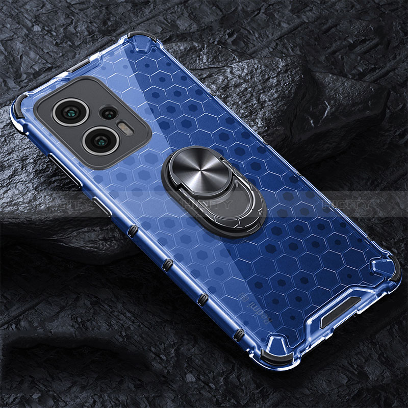 Custodia Silicone Trasparente Specchio Laterale 360 Gradi con Magnetico Anello Supporto AM1 per Xiaomi Redmi Note 12T Pro 5G Blu