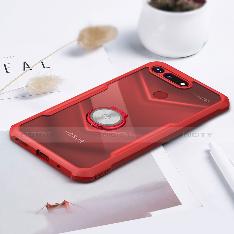 Custodia Silicone Trasparente Specchio Laterale 360 Gradi con Magnetico Anello Supporto per Huawei Honor V20 Rosso