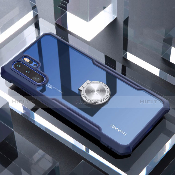 Custodia Silicone Trasparente Specchio Laterale 360 Gradi con Magnetico Anello Supporto per Huawei P30 Pro New Edition Blu