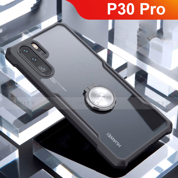 Custodia Silicone Trasparente Specchio Laterale 360 Gradi con Magnetico Anello Supporto per Huawei P30 Pro New Edition Nero