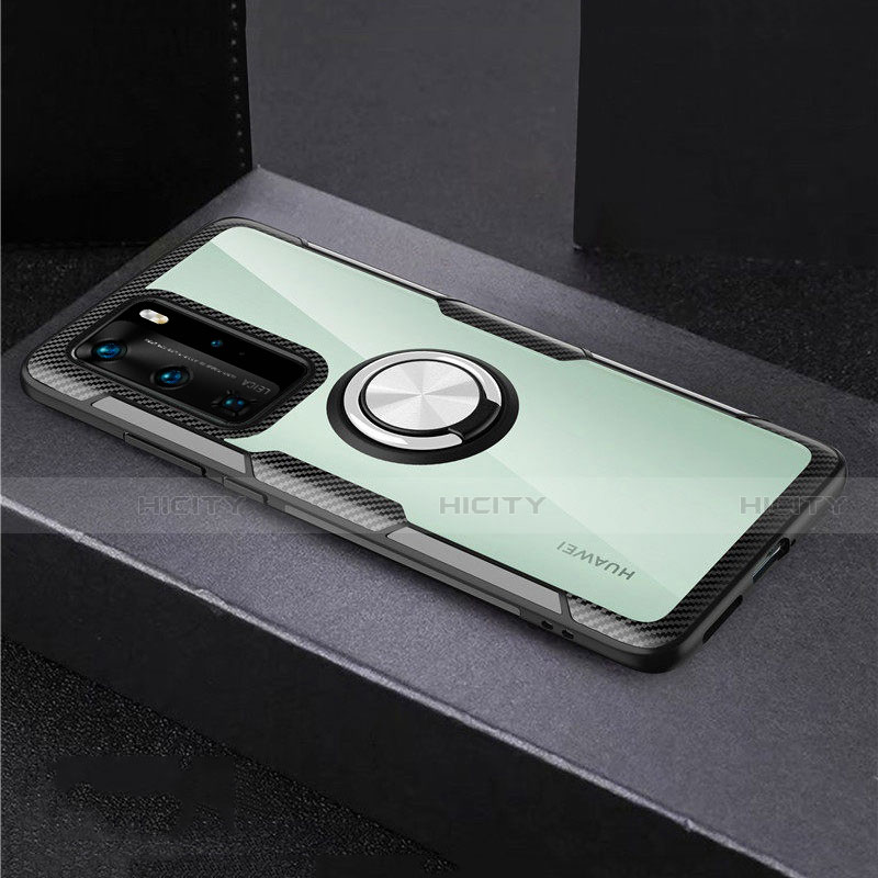 Custodia Silicone Trasparente Specchio Laterale 360 Gradi con Magnetico Anello Supporto per Huawei P40 Pro Argento e Nero