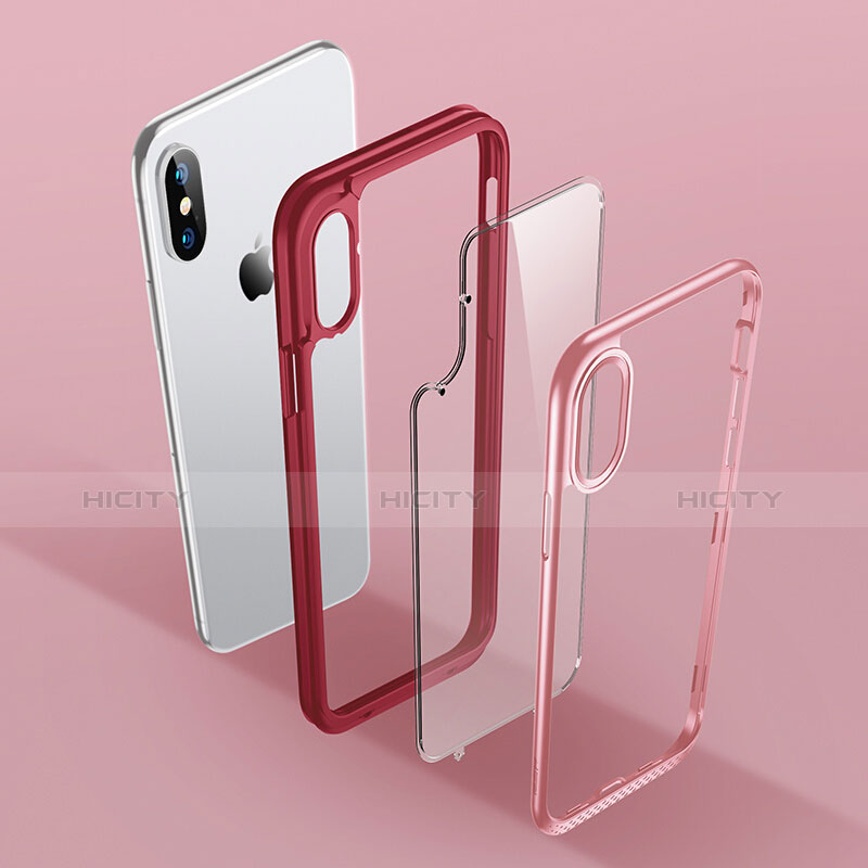 Custodia Silicone Trasparente Specchio Laterale 360 Gradi T08 per Apple iPhone X Rosso