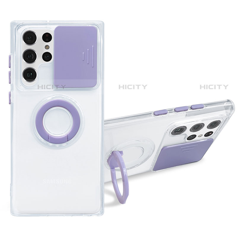 Custodia Silicone Trasparente Ultra Slim Cover Morbida con Anello Supporto S01 per Samsung Galaxy S23 Ultra 5G Viola