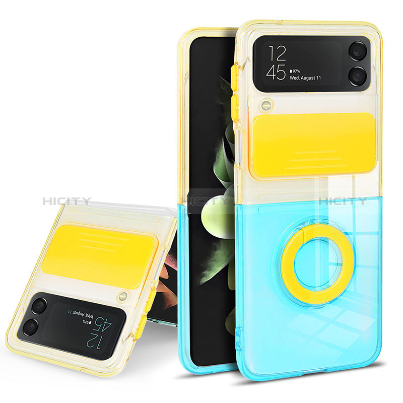 Custodia Silicone Trasparente Ultra Slim Cover Morbida con Anello Supporto S02 per Samsung Galaxy Z Flip3 5G Giallo