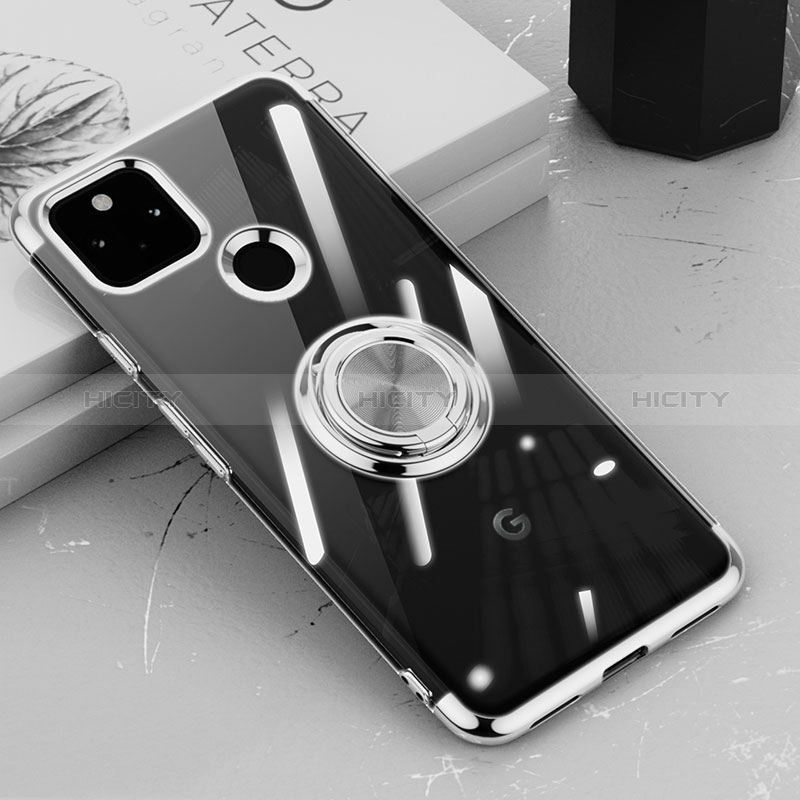 Custodia Silicone Trasparente Ultra Slim Cover Morbida con Magnetico Anello Supporto AN1 per Google Pixel 5a 5G Argento