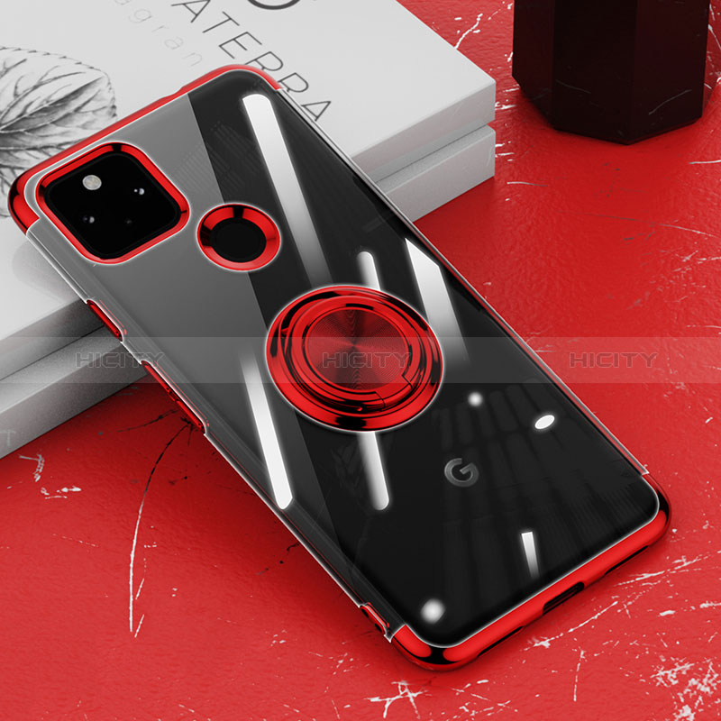 Custodia Silicone Trasparente Ultra Slim Cover Morbida con Magnetico Anello Supporto AN1 per Google Pixel 5a 5G Rosso