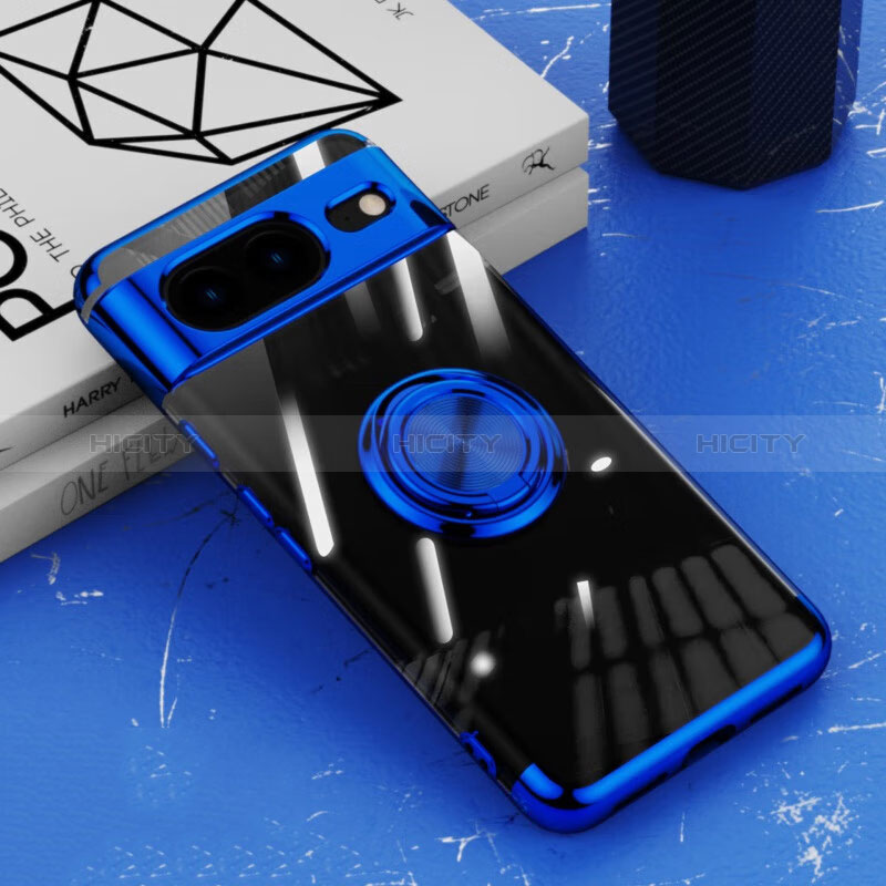 Custodia Silicone Trasparente Ultra Slim Cover Morbida con Magnetico Anello Supporto AN1 per Google Pixel 8 5G Blu