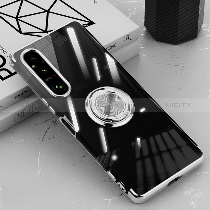 Custodia Silicone Trasparente Ultra Slim Cover Morbida con Magnetico Anello Supporto AN1 per Sony Xperia 1 V Argento