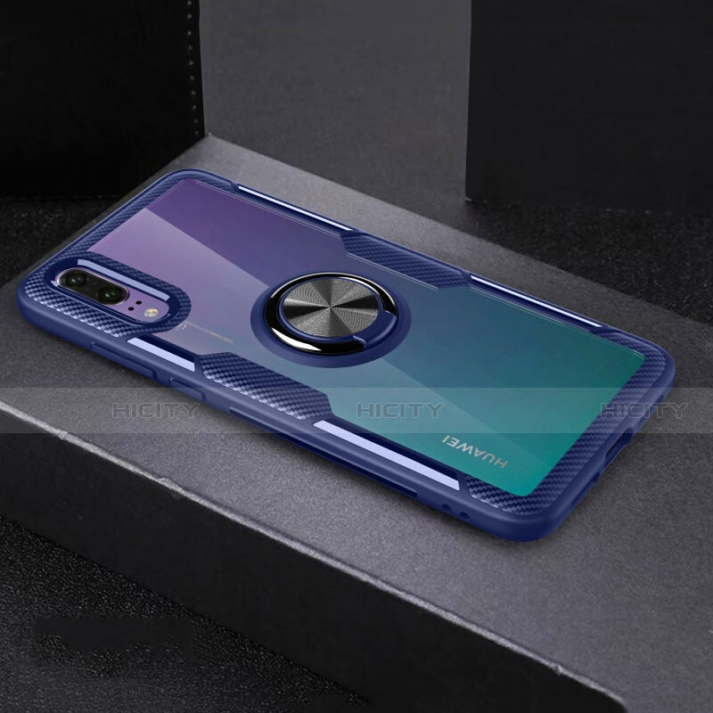 Custodia Silicone Trasparente Ultra Slim Cover Morbida con Magnetico Anello Supporto C01 per Huawei P20