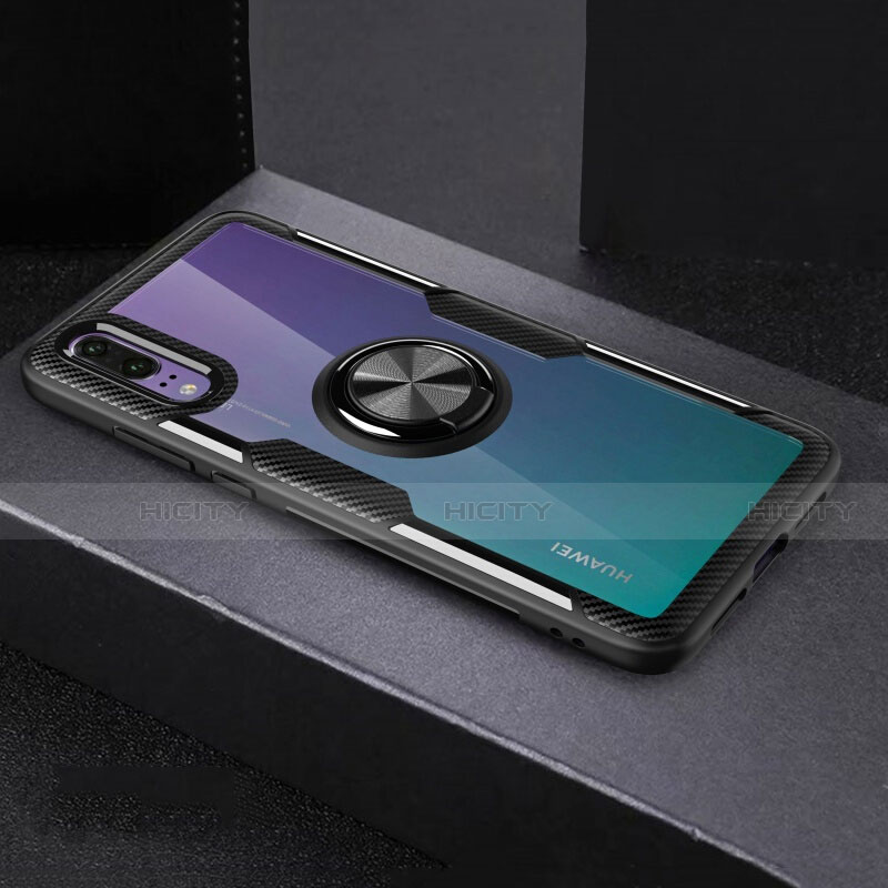 Custodia Silicone Trasparente Ultra Slim Cover Morbida con Magnetico Anello Supporto C01 per Huawei P20 Nero