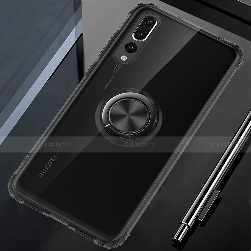 Custodia Silicone Trasparente Ultra Slim Cover Morbida con Magnetico Anello Supporto C01 per Huawei P20 Pro Nero