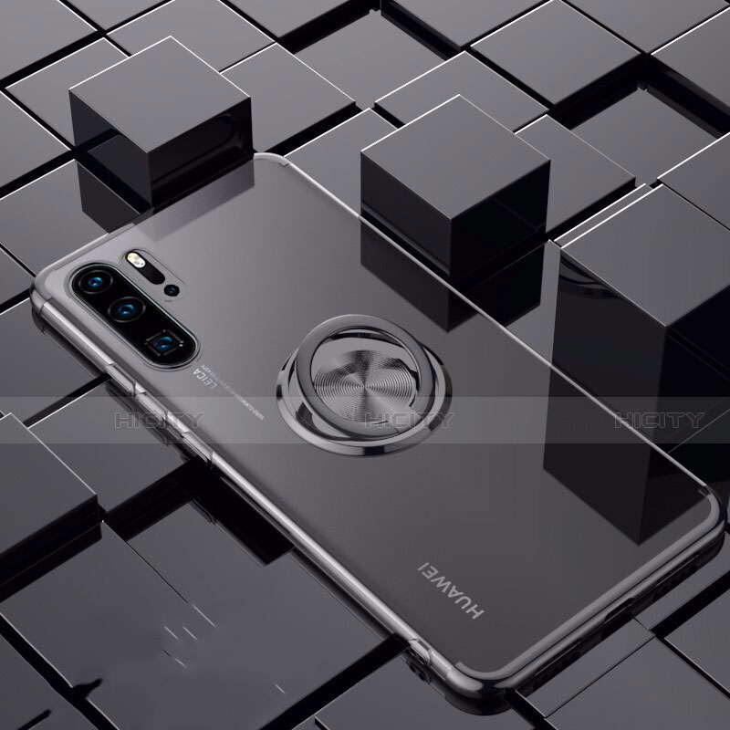 Custodia Silicone Trasparente Ultra Slim Cover Morbida con Magnetico Anello Supporto C02 per Huawei P30 Pro New Edition Nero