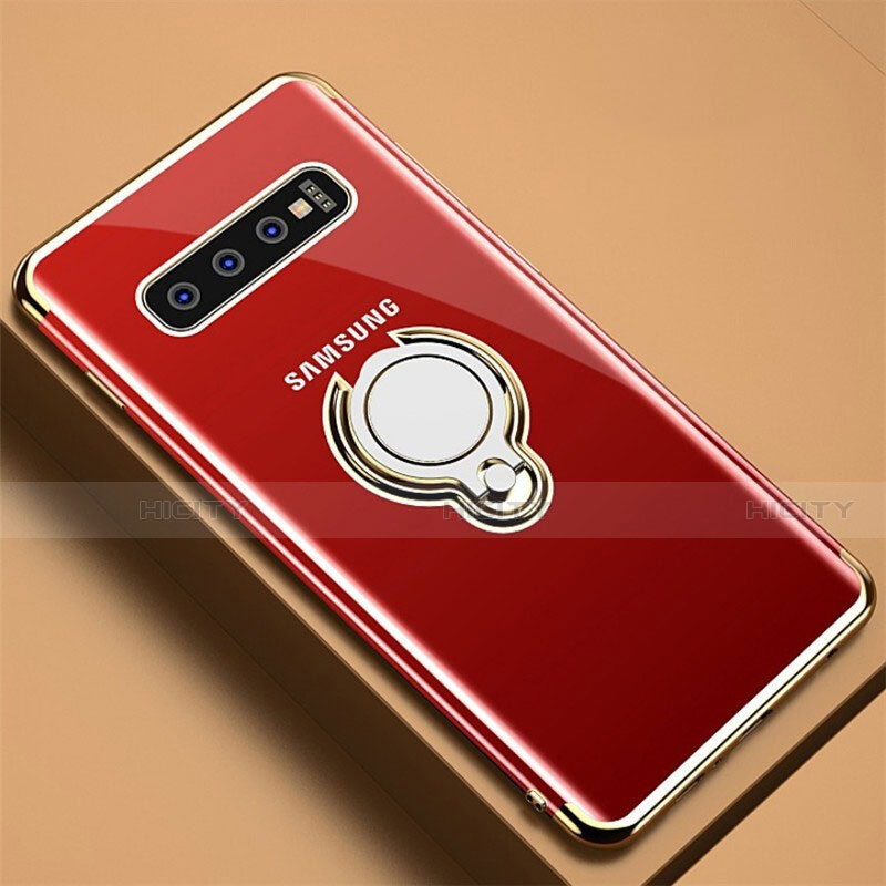 Custodia Silicone Trasparente Ultra Slim Cover Morbida con Magnetico Anello Supporto C02 per Samsung Galaxy S10 Plus Oro