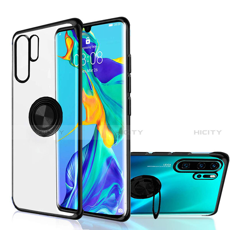 Custodia Silicone Trasparente Ultra Slim Cover Morbida con Magnetico Anello Supporto C04 per Huawei P30 Pro Nero