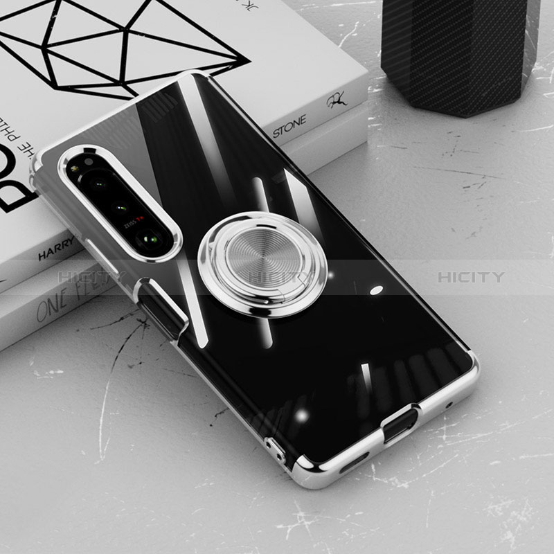 Custodia Silicone Trasparente Ultra Slim Cover Morbida con Magnetico Anello Supporto per Sony Xperia 1 IV Argento
