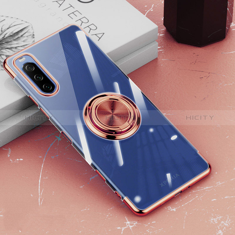 Custodia Silicone Trasparente Ultra Slim Cover Morbida con Magnetico Anello Supporto per Sony Xperia 10 III Oro Rosa