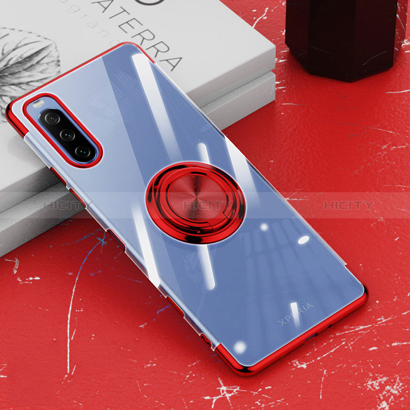 Custodia Silicone Trasparente Ultra Slim Cover Morbida con Magnetico Anello Supporto per Sony Xperia 10 III SOG04 Rosso