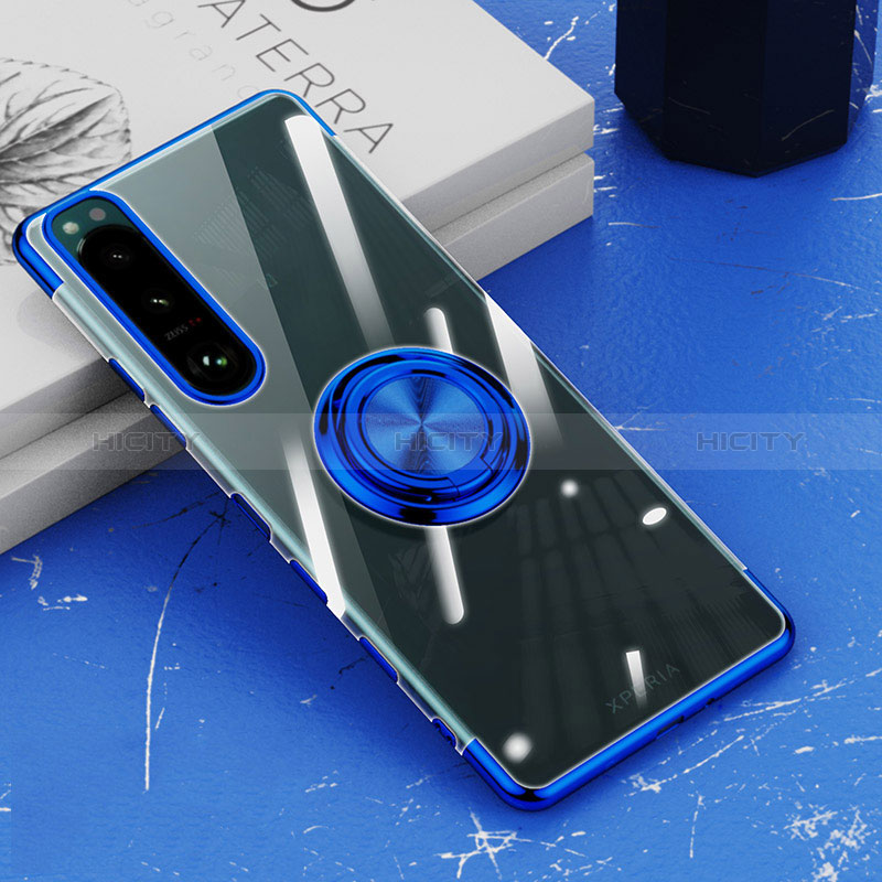 Custodia Silicone Trasparente Ultra Slim Cover Morbida con Magnetico Anello Supporto per Sony Xperia 5 III SO-53B Blu